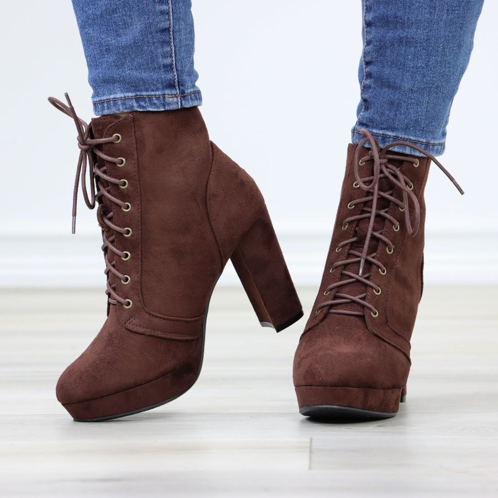 Brown Faux Suede Lace-Up Block High Heeled Platform Ankle Boots - Picture 10 of 11